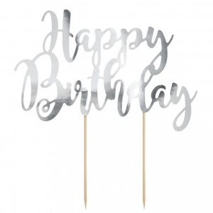 PartyDeco Taarttopper Happy Birthday, Zilver